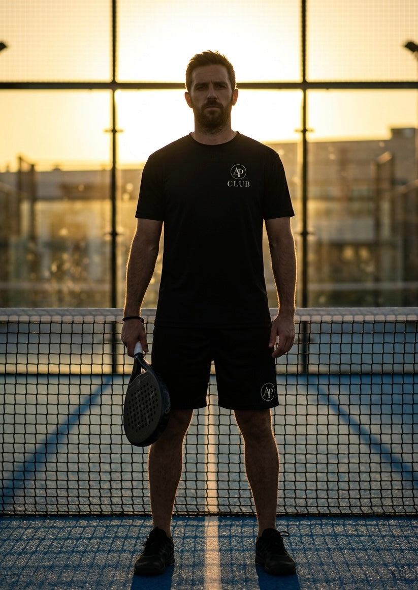Male padel player on court wearing black AP play tee, Black court shorts