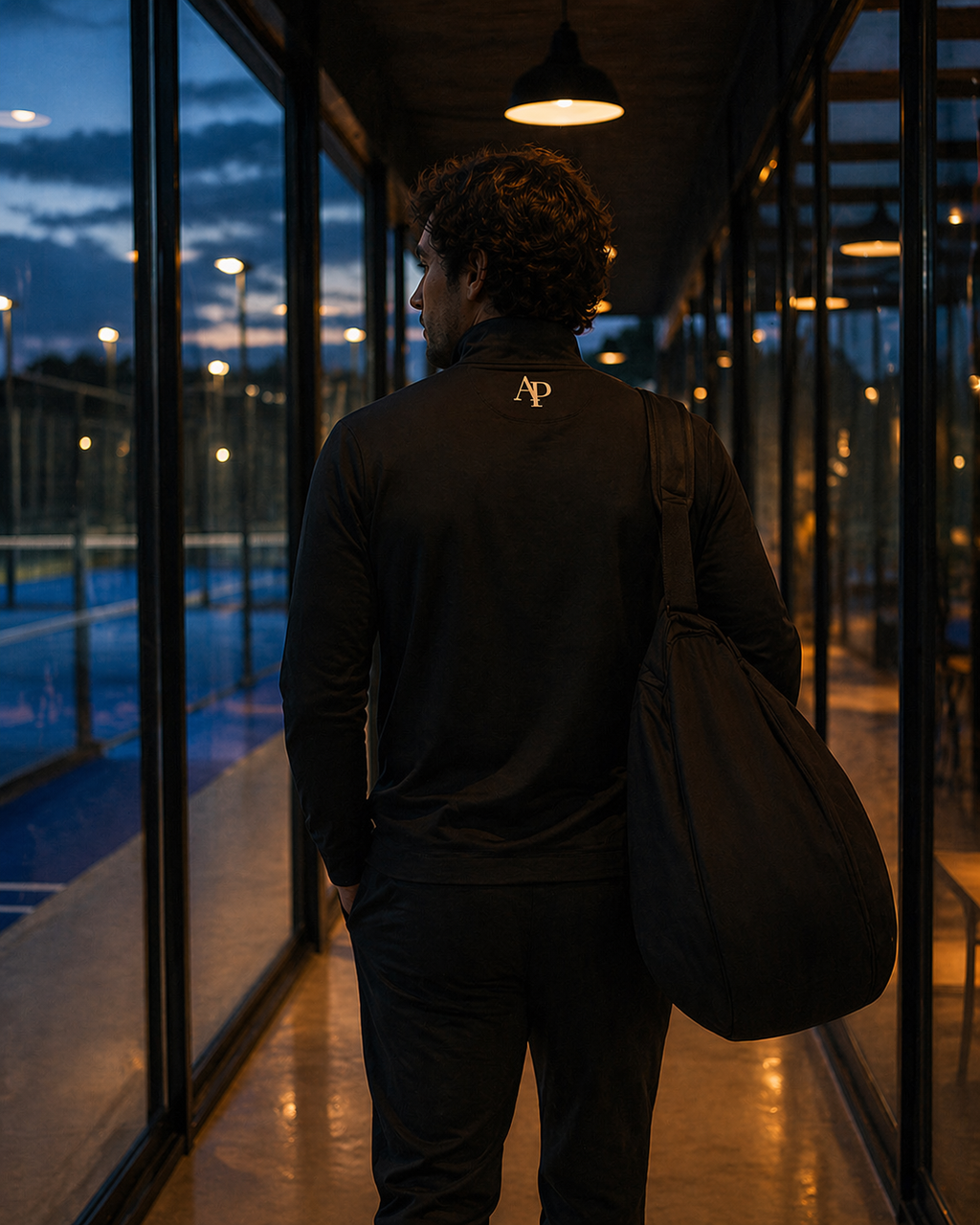 Person standing in a darkly lit indoor area with large windows showing an outdoor padel scene. Wearing a black AP Club Quarter Zip