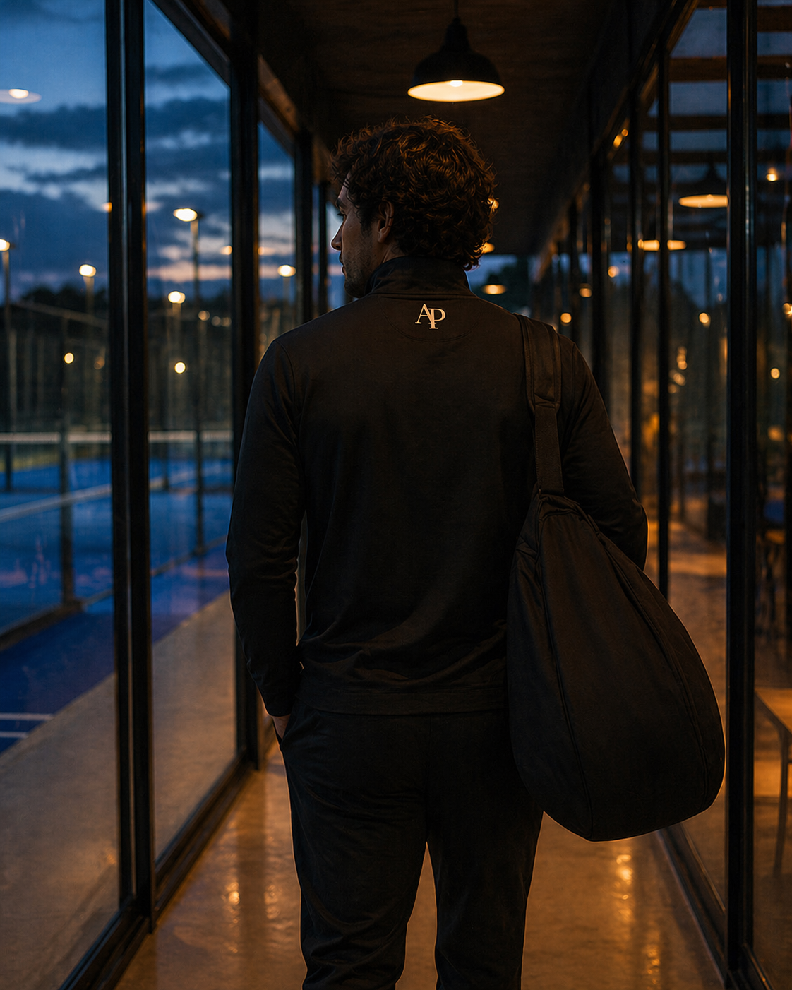 Person standing in a darkly lit indoor area with large windows showing an outdoor padel scene. Wearing a black AP Club Quarter Zip