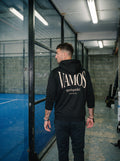 AP Club Vamos Hoodie in black photographed at a padel court