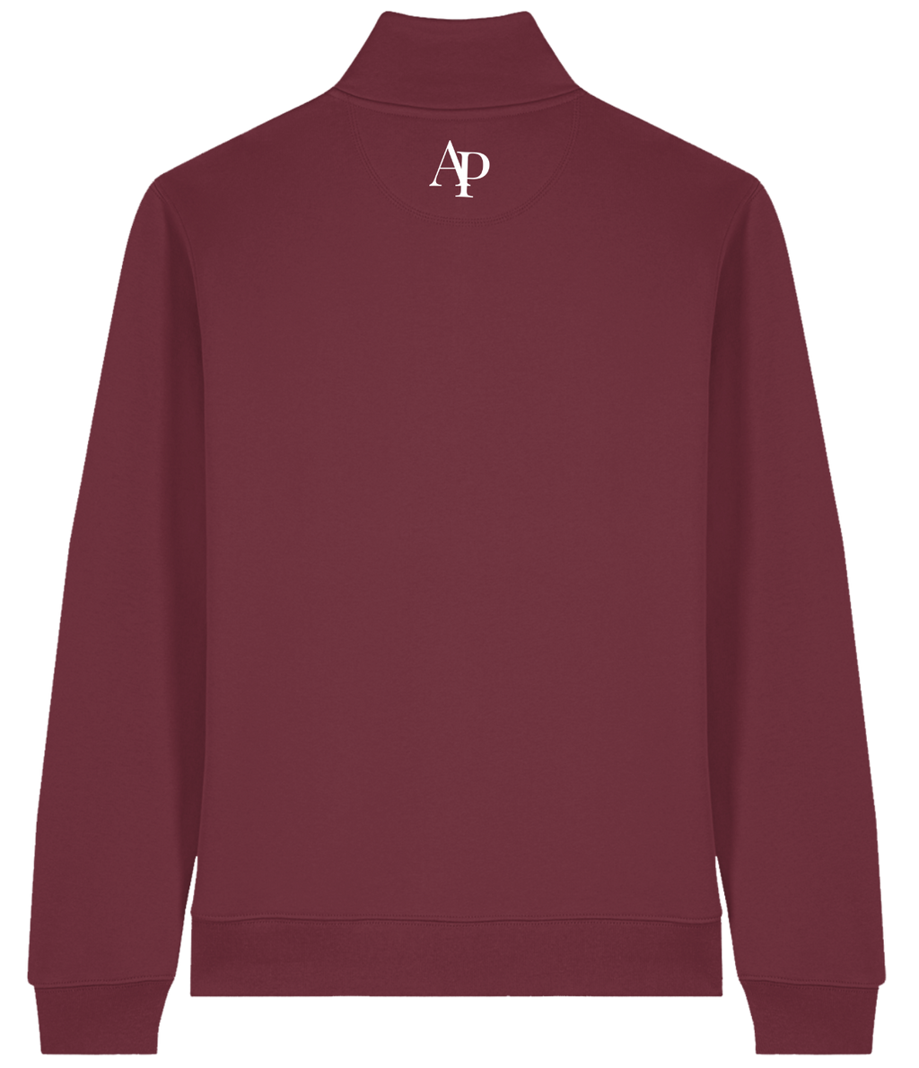 Maroon sweatshirt with a logo on the back against a white background