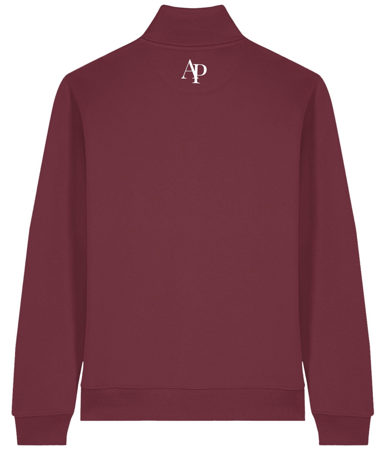 Maroon sweatshirt with a logo on the back against a white background
