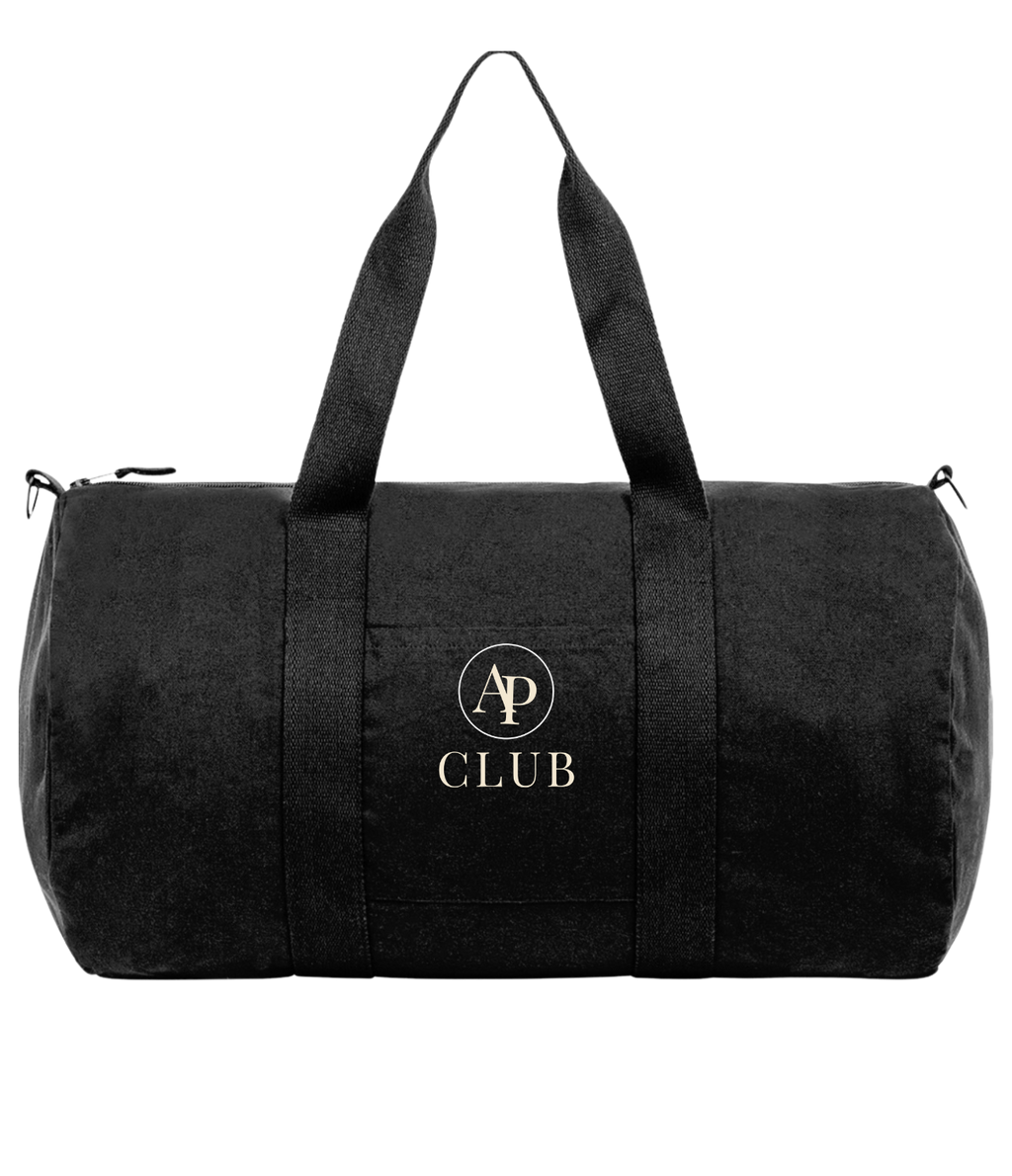 Black AP Club duffel bag with 'AP Club' logo on a white background