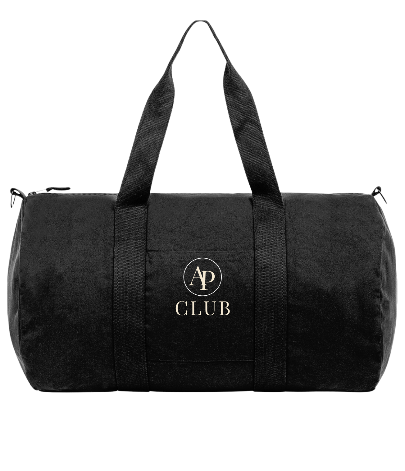 Black AP Club duffel bag with 'AP Club' logo on a white background