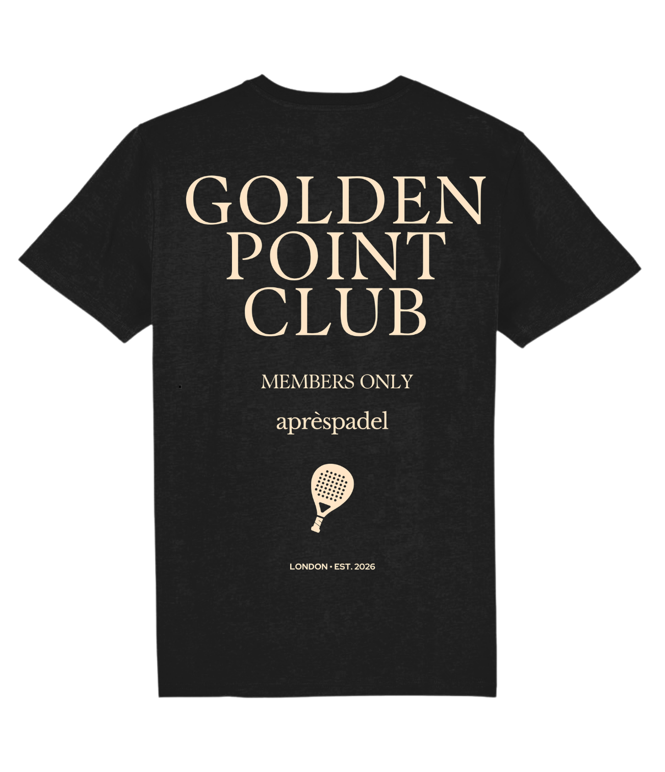 Black AP Club t-shirt with 'Golden Point Club' text on a white background