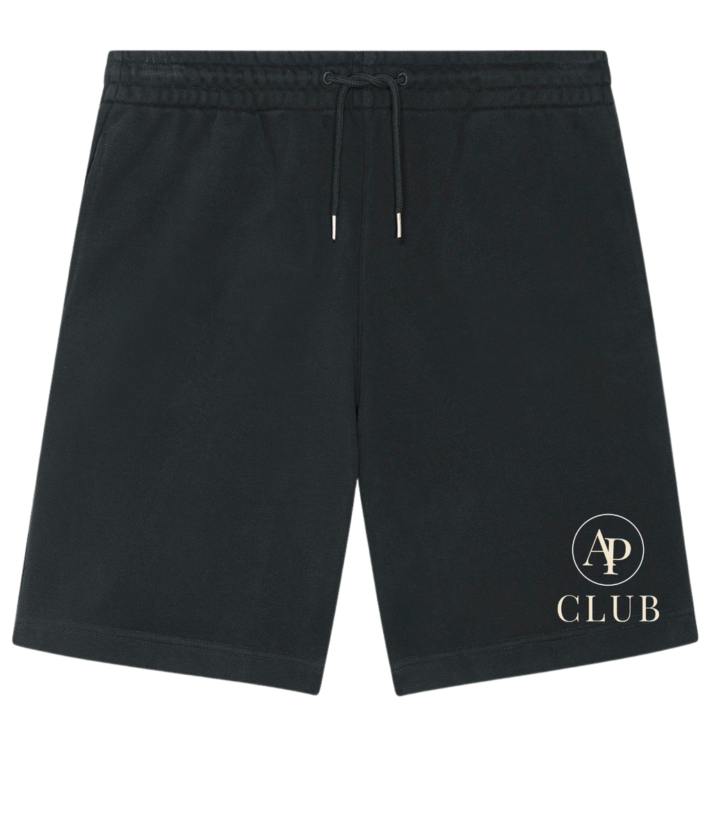 Black AP Club Court shorts with a logo on a white background
