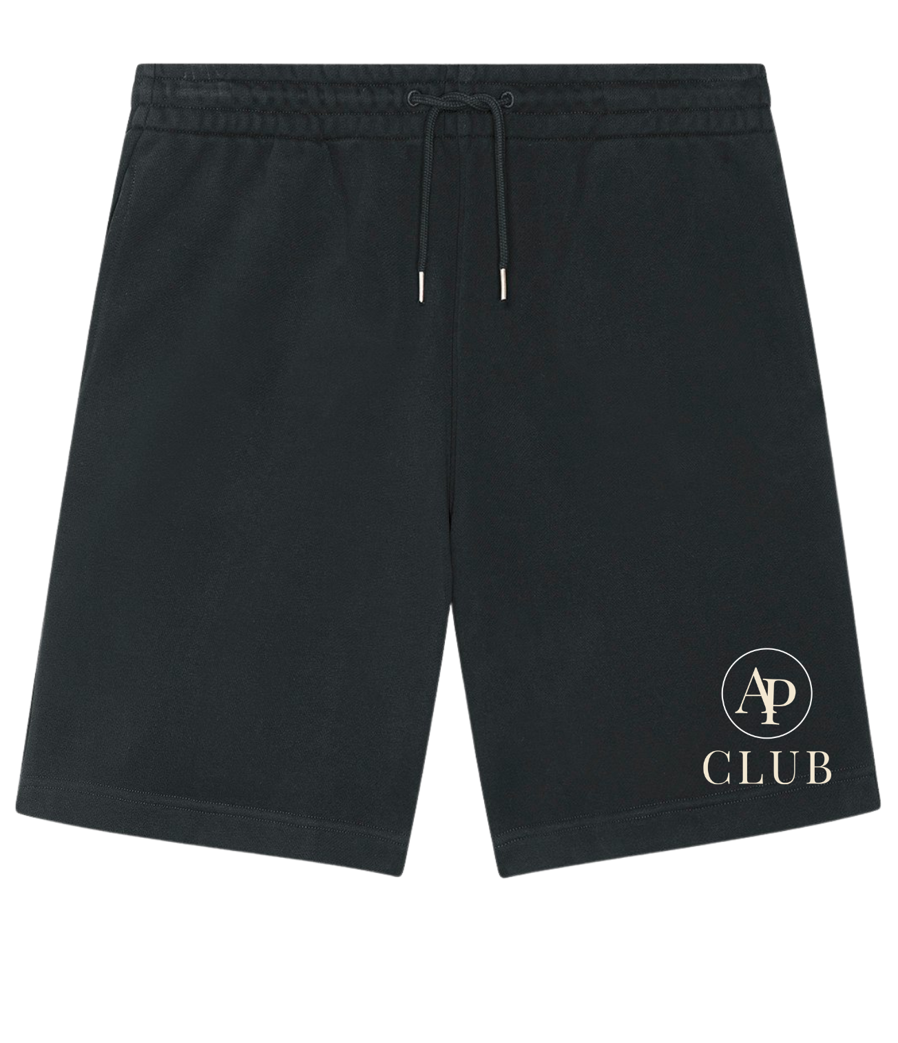 Black AP Club Court shorts with a logo on a white background