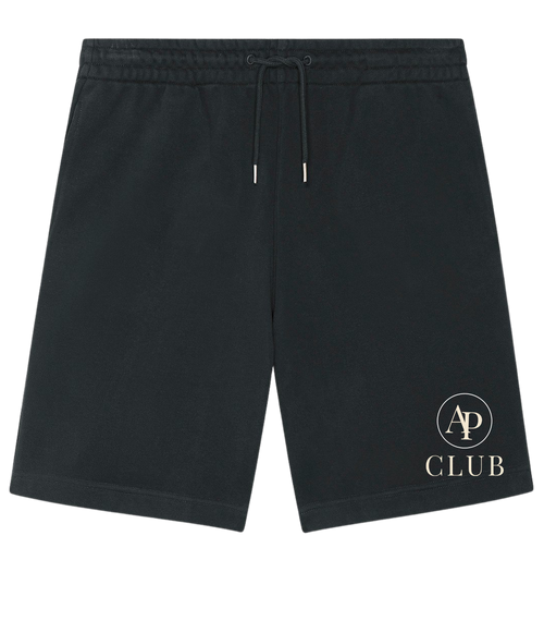 Black AP Club Court shorts with a logo on a white background
