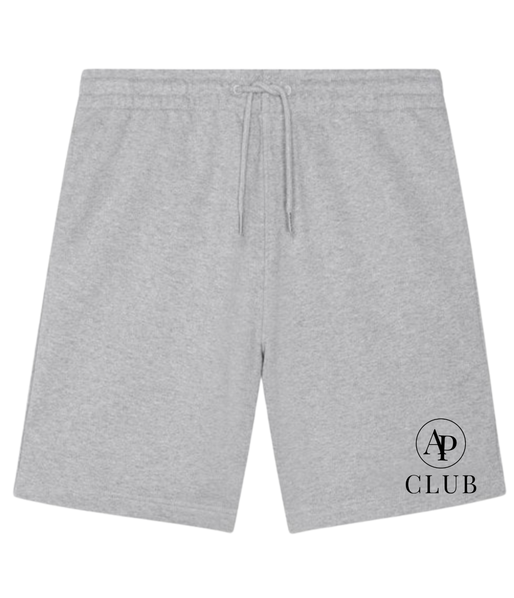 Grey AP Club Court shorts with a logo on a white background