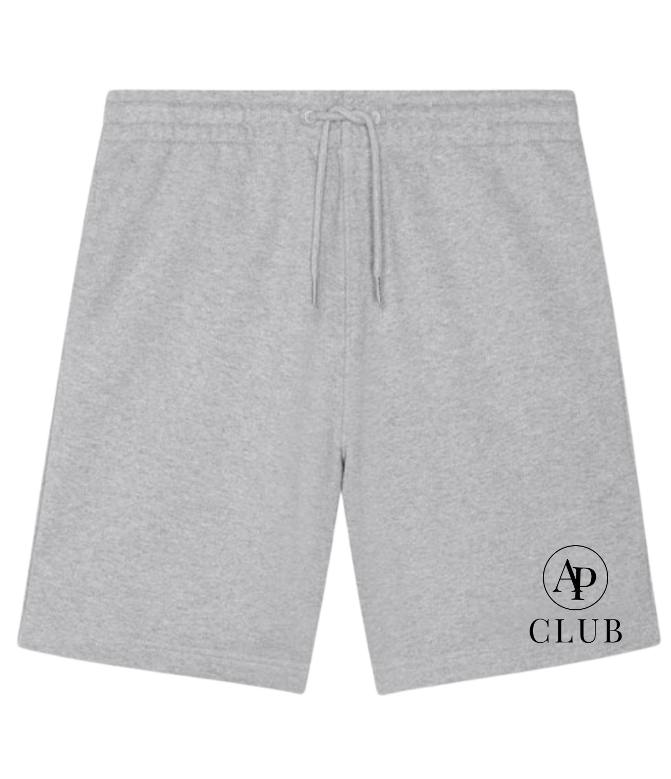 Grey AP Club Court shorts with a logo on a white background
