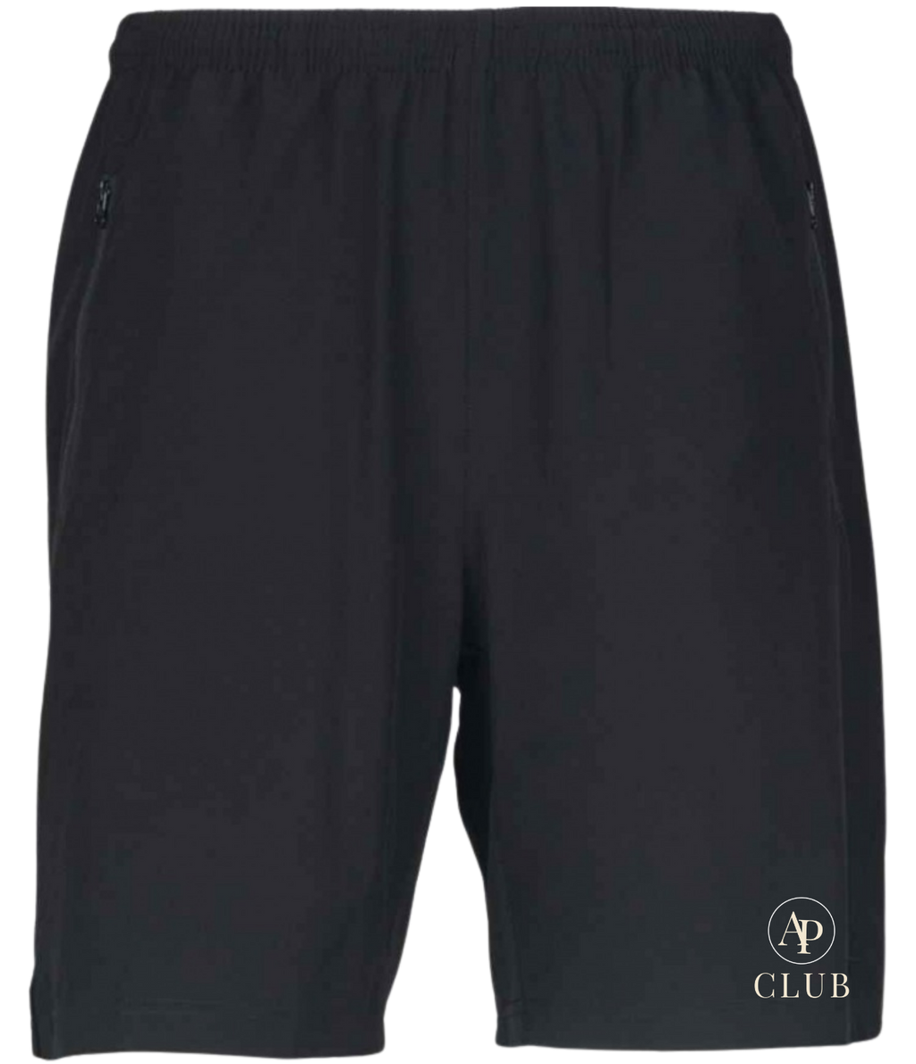 Black AP Club court  shorts with a logo on a white background