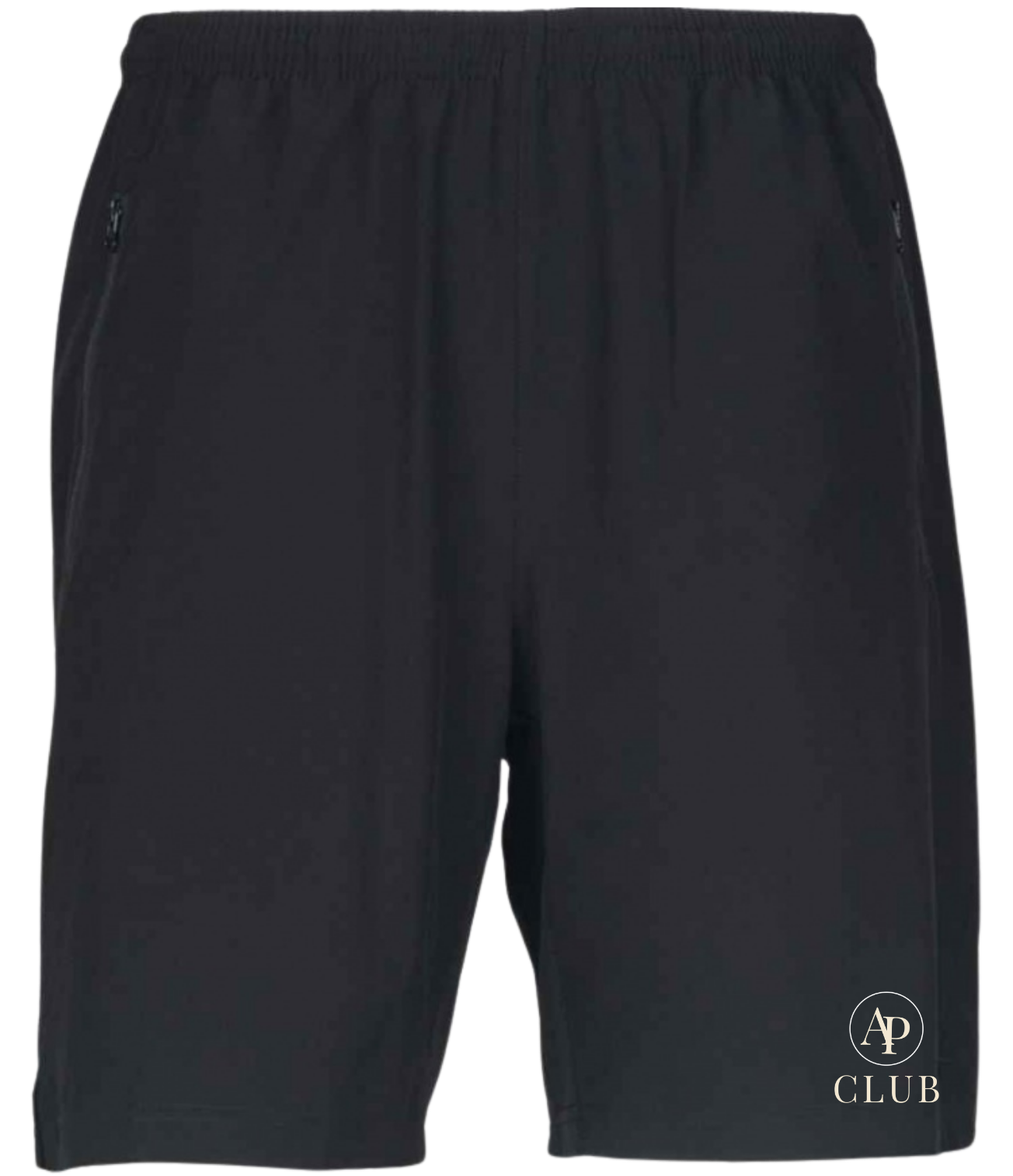 Black AP Club court  shorts with a logo on a white background