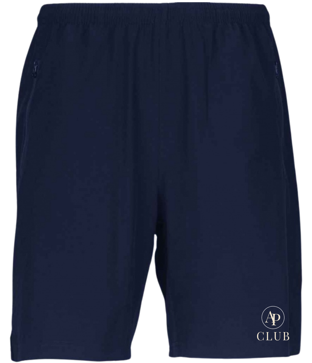 Navy AP Club court  shorts with a logo on a white background