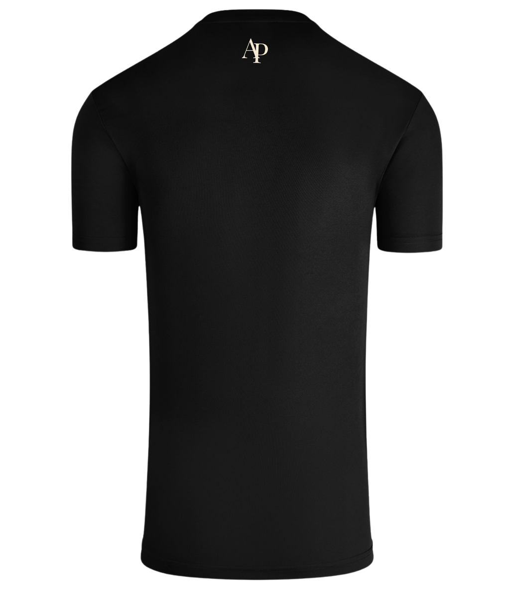 Black AP Club play t-shirt with a logo on the back against a white background