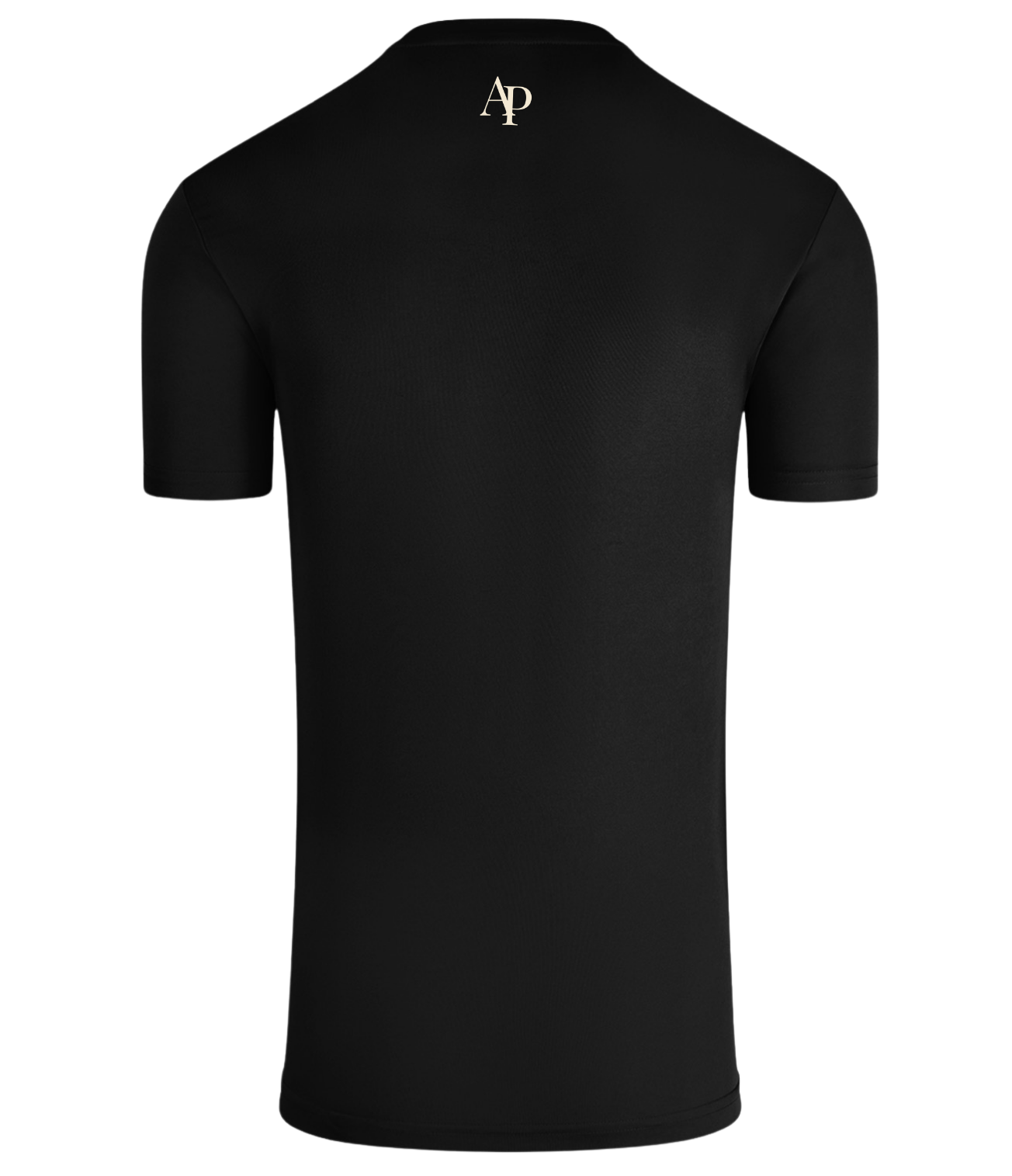 Black AP Club play t-shirt with a logo on the back against a white background