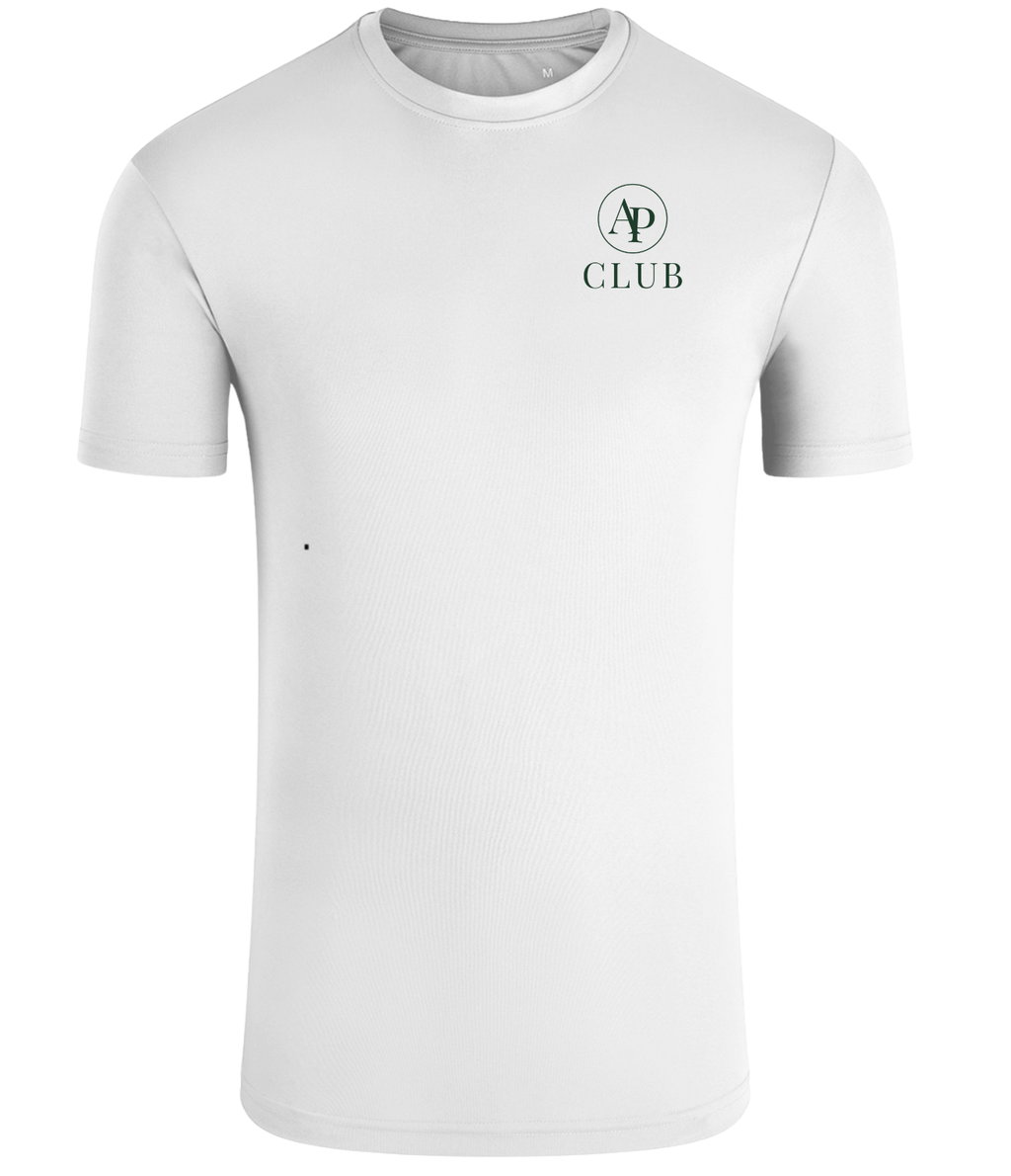 White AP Club play t-shirt with a logo and text on a white background