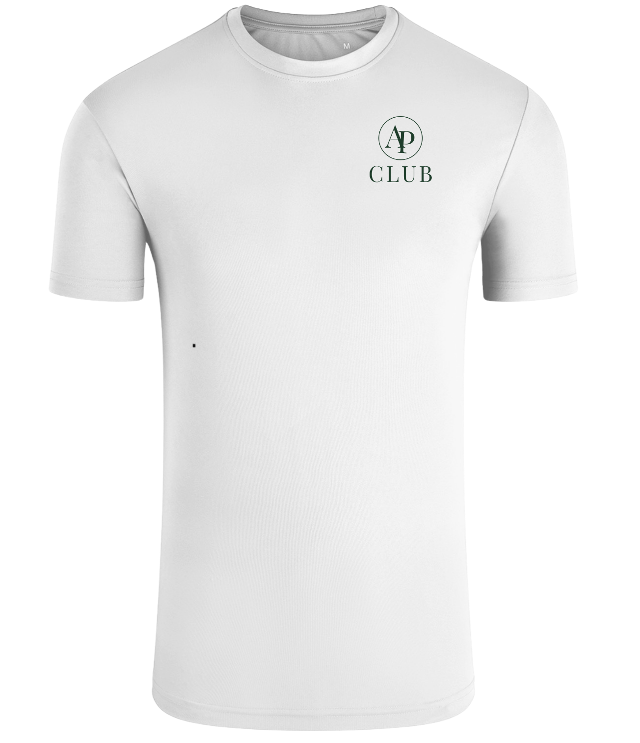 White AP Club play t-shirt with a logo and text on a white background