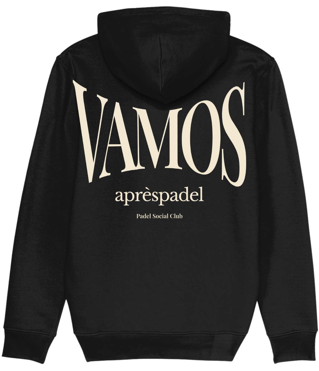 Black AP Club hoodie with 'VAMOS' text on the back against a white background