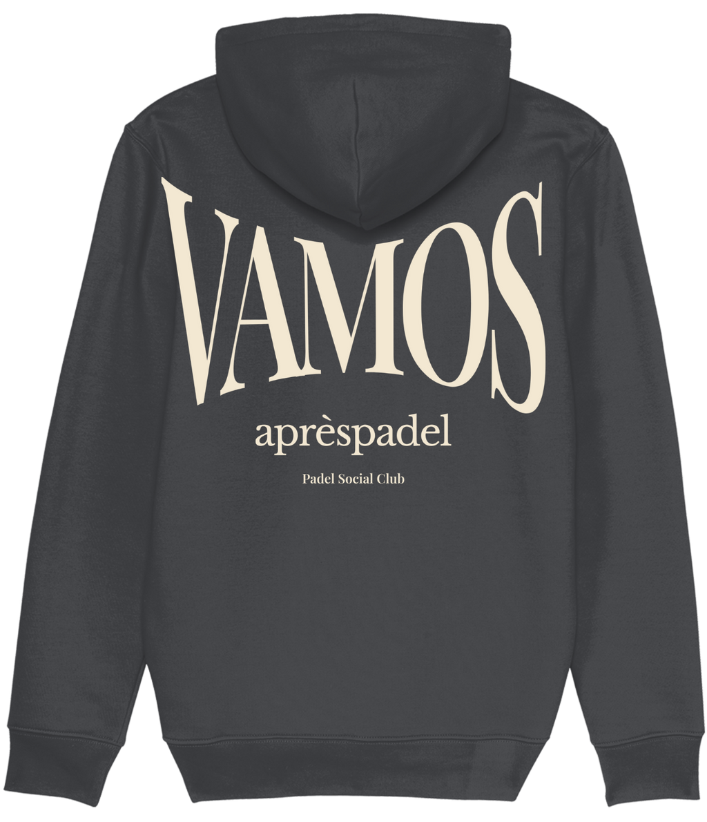 Grey AP Club hoodie with 'VAMOS' text on the back against a white background