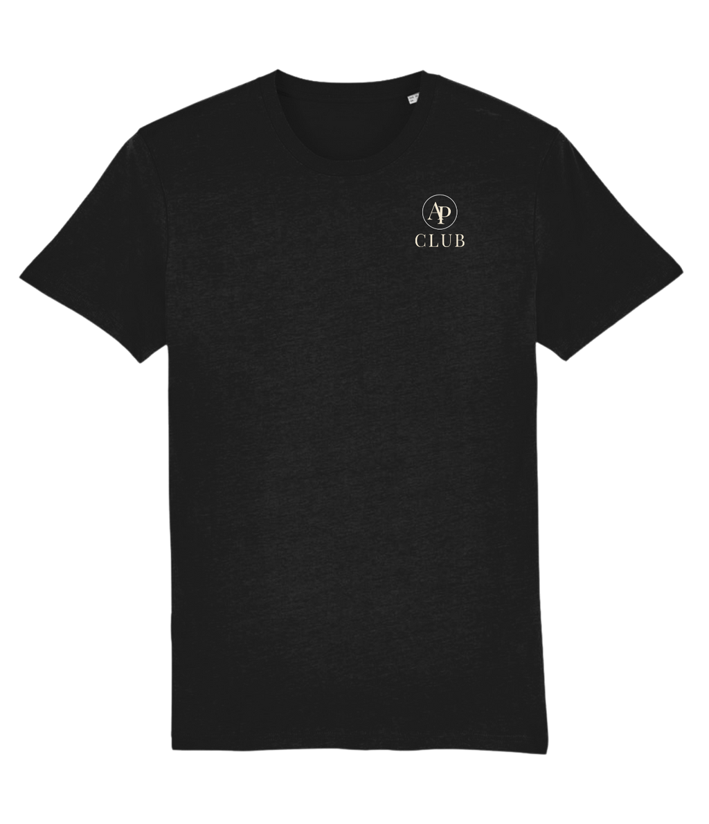 Black AP Club t-shirt with a logo and text on a white background