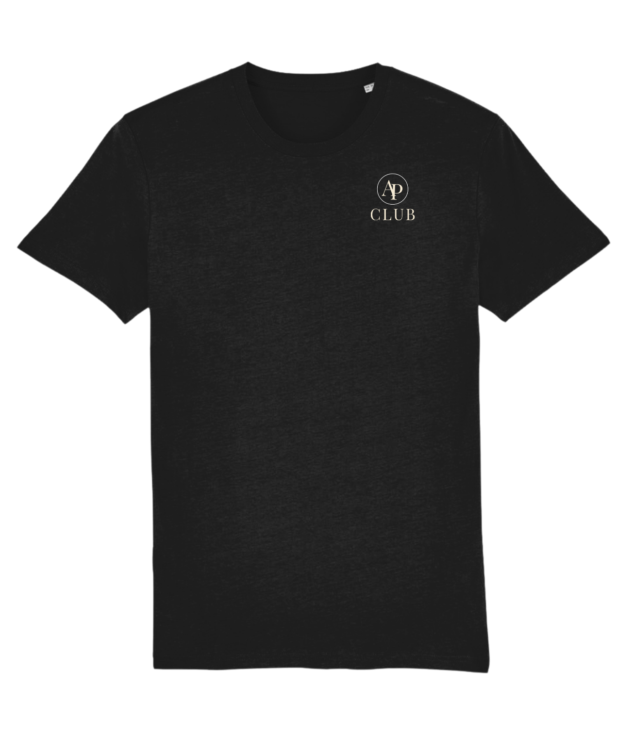 Black AP Club t-shirt with a logo and text on a white background