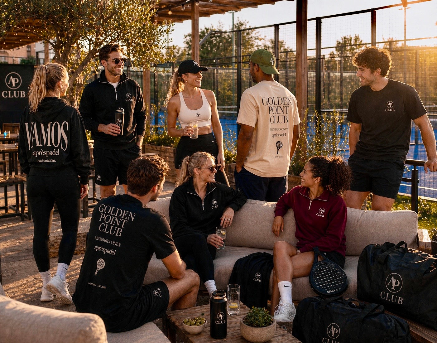 Group of padel players sitting on a rooftop wearing AP Club British padel apparel.