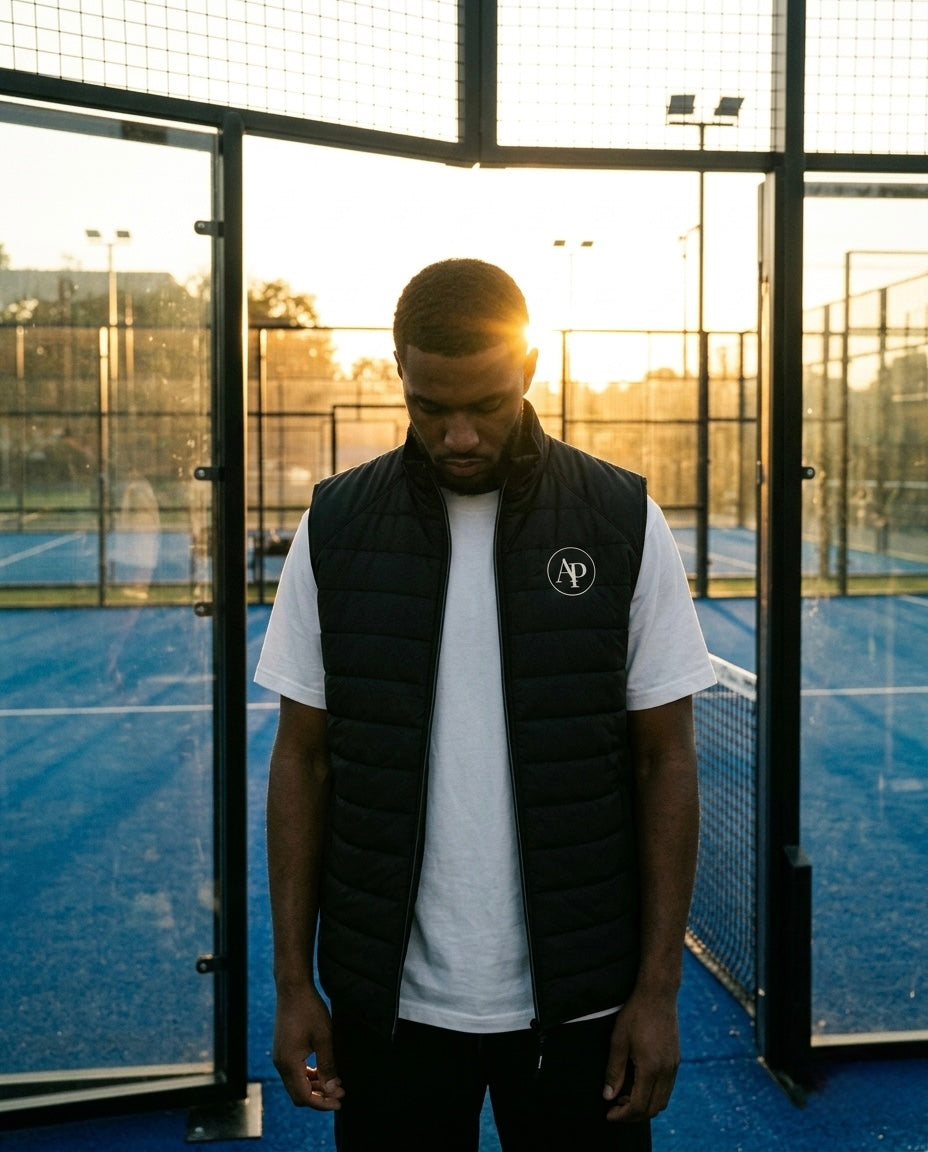 Man wearing a black AP Club gilet over a white shirt with a logo, standing on a blue padel court.