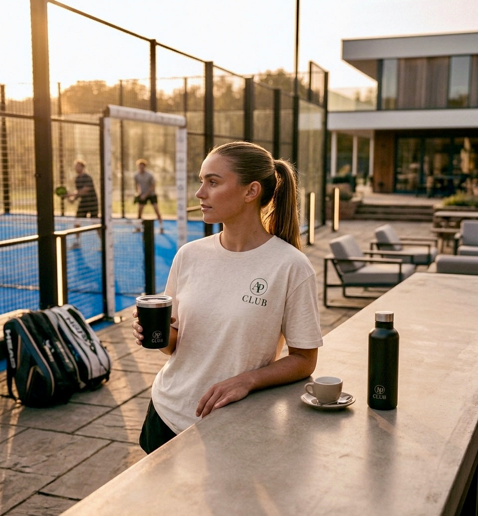Woman holding a coffee cup on a rooftop with a view of a building and padel court in the background, wearing AP Club tshirt.