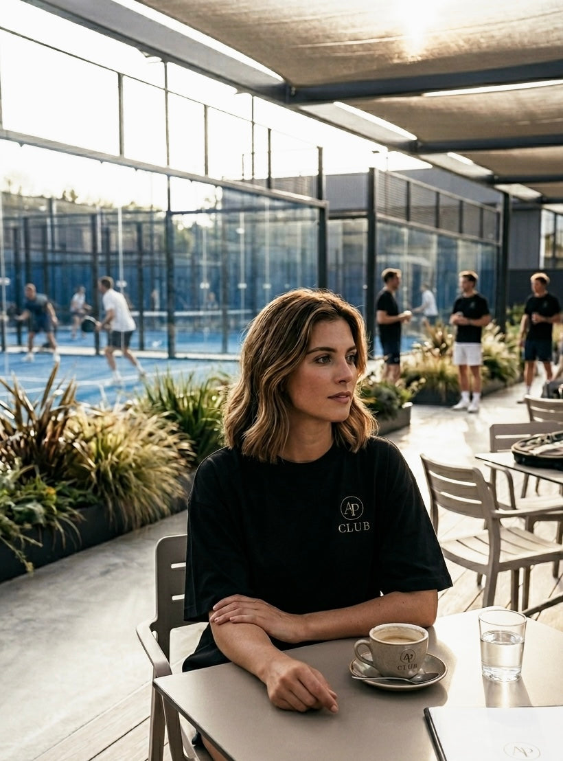Woman sitting at a table with a cup of coffee in an outdoor setting with people and a padel court in the background. Wearing a black AP Club padel tshirt