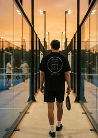 Padel player wearing a black 'La Pista' AP Club t-shirt on a padel court