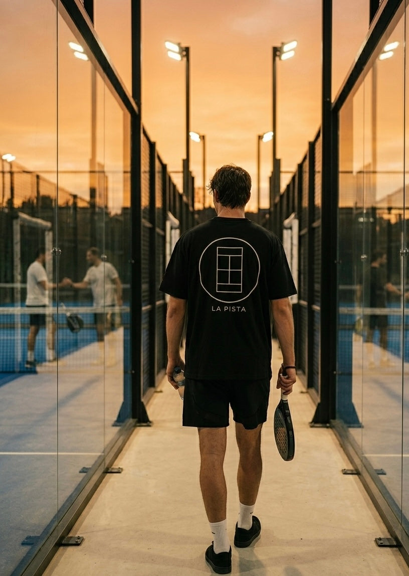Padel player wearing a black 'La Pista' AP Club t-shirt on a padel court