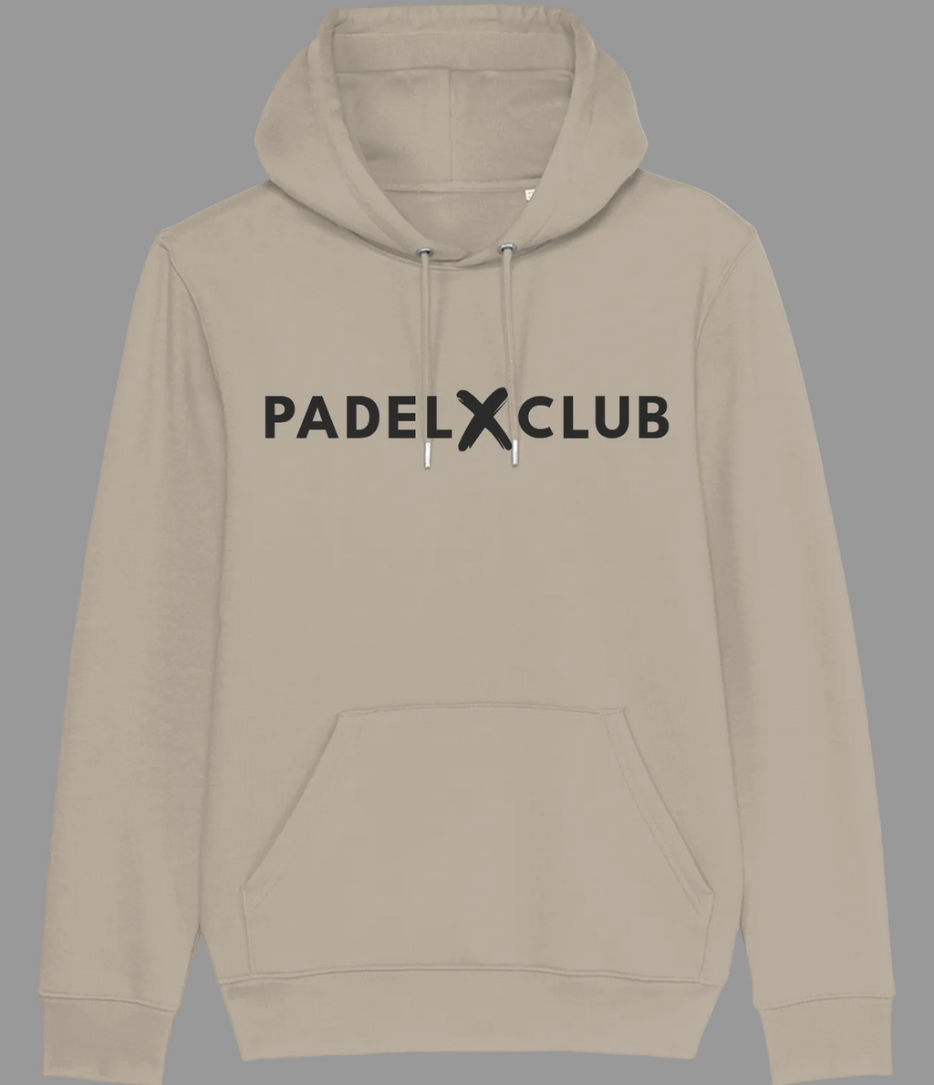 A light beige pullover hoodie with 'PADELXCLUB' printed in black across the chest, featuring a front kangaroo pocket and drawstring hood.