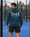 AP Club Vamos Hoodie in Stargazer with cream VAMOS back print on a wet padel court