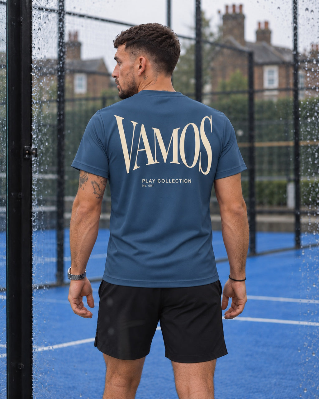 AP Club men's Vamos padel tee in blue steel – back view