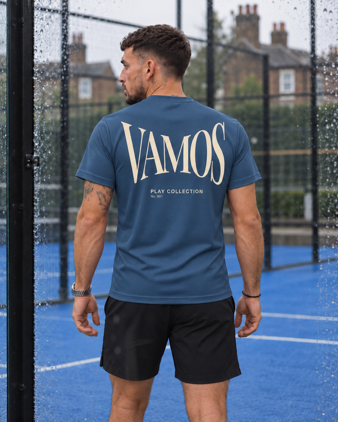 AP Club men's Vamos padel tee in blue steel – back view