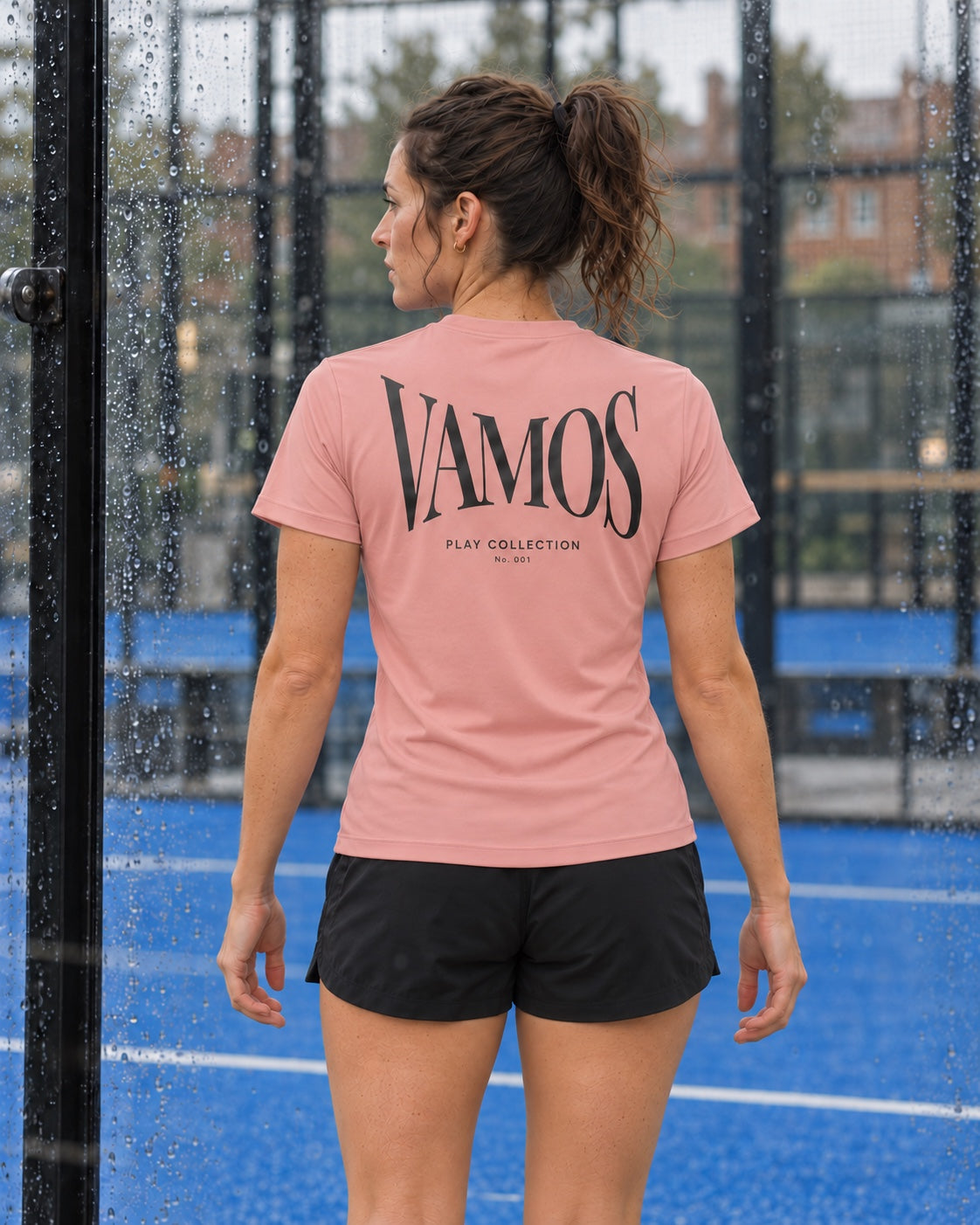 AP Club women's Vamos padel tee in Dusky Pink, back view showing grey Vamos print
